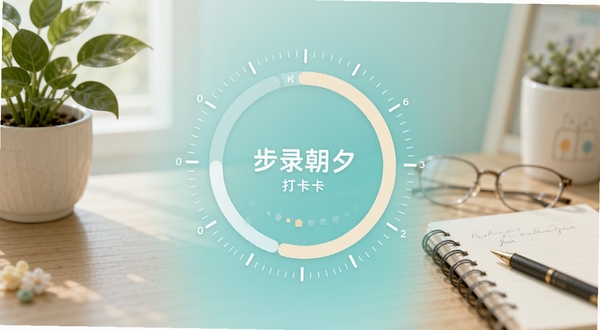 步录朝夕 应用主界面 中央为圆形打卡进度环 背景为淡青色渐变 桌面摆放绿植与笔记本 柔和自然光 扁平插画风格 高清细节