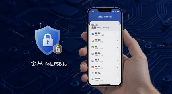 金丛隐私安全设置页面,画面中显示盾牌图标与加密锁标识,手机屏幕呈现金丛权限管理列表,背景为深蓝色科技纹理