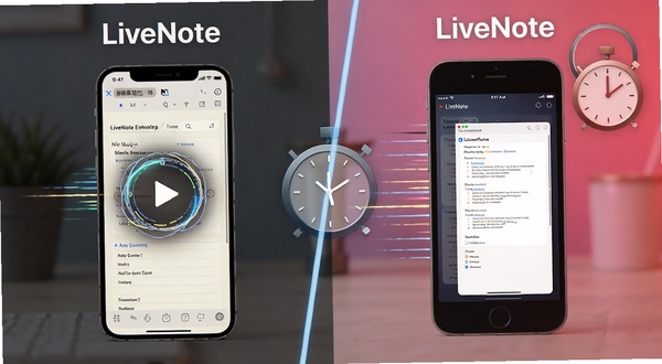 LiveNote 应用启动速度对比示意图,左侧为普通笔记软件加载动画,右侧为 LiveNote 瞬间进入编辑界面,画面带有速度线条与时钟元素,突出轻快感