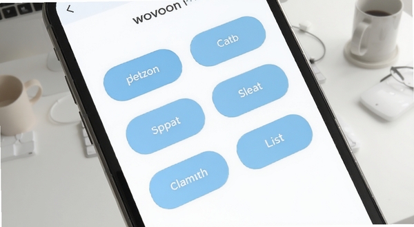 wovoon软件的简洁界面设计展示,手机屏幕特写,界面以白色和浅蓝色为主色调,按钮圆润,排列整齐,背景为干净的桌面环境,光线柔和