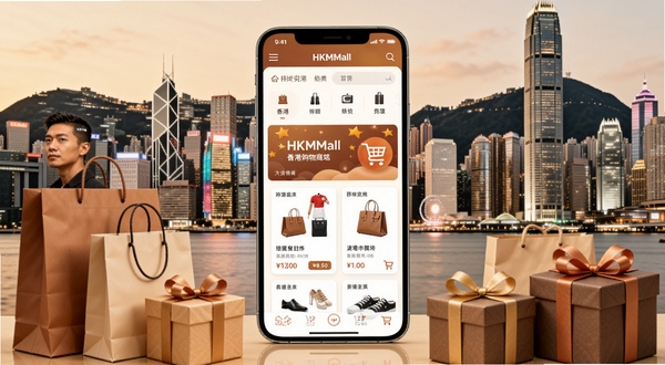HKMall 香港购物商城应用界面全景展示,画面中央为手机屏幕内呈现商品分类导航与促销banner,背景区域为香港城市天际线与购物袋、礼盒等元素环绕,整体采用暖色调商务风格,突出移动购物场景,细节包含商品卡片、价格标签与购物车图标,适配 Boogu 模型生成。
