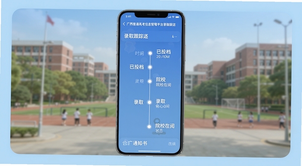 广西普通高考信息管理平台录取跟踪界面，手机屏幕显示录取状态时间轴与通知书物流信息，包含已投档、院校在阅、录取等状态节点，界面设计为时间轴样式，背景为校园风光虚化，画面主体为手机屏幕居中，背景区域为浅蓝色调，整体氛围安心稳定