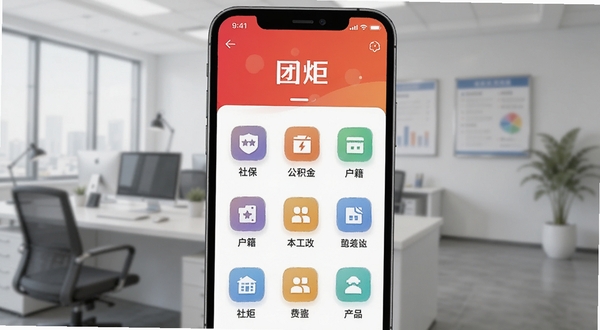 团炬APP政务服务功能界面,手机屏幕展示办事大厅图标网格,包含社保、公积金、户籍等图标,背景为浅灰色办公场景虚化,画面中央突出团炬应用界面,整体风格专业简洁