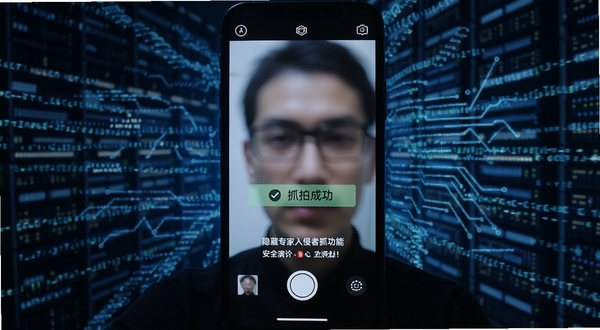 应用隐藏专家入侵者抓拍功能演示，手机前置摄像头正在拍摄一个模糊的人脸轮廓，屏幕上显示抓拍成功提示，背景为暗色调的科技感数据流，强调安全监控氛围