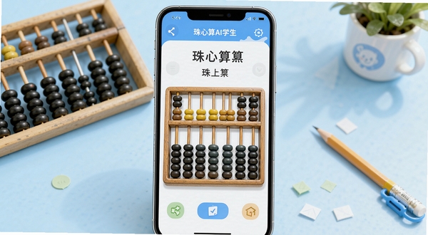 珠心算Ai学生端主界面展示,画面中央为手机屏幕,屏幕内显示珠心算练习题目与算盘图示,背景为淡蓝色学习场景,书桌上摆放算盘和铅笔,整体风格清新明快,适配教育类软件宣传图