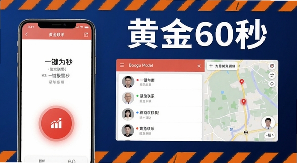 化危为安软件功能展示图,画面左侧为手机屏幕显示一键报警界面,红色按钮高亮,右侧为紧急联系人列表与定位地图缩略图;背景为深蓝色渐变,点缀橙色警示线条与白色文字标注“黄金60秒”,整体风格清晰直观,适配Boogu模型生成