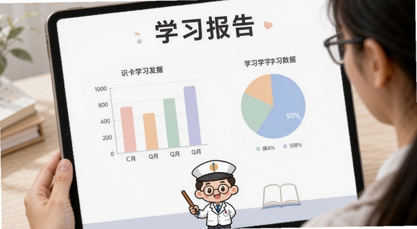 白卡识字学习报告页面,画面中央为柱状图与饼图展示学习数据,图表配色柔和,背景为白色与浅灰色搭配,页面顶部有“学习报告”标题,底部有卡通小博士形象,整体风格简洁专业,适配家长查看场景