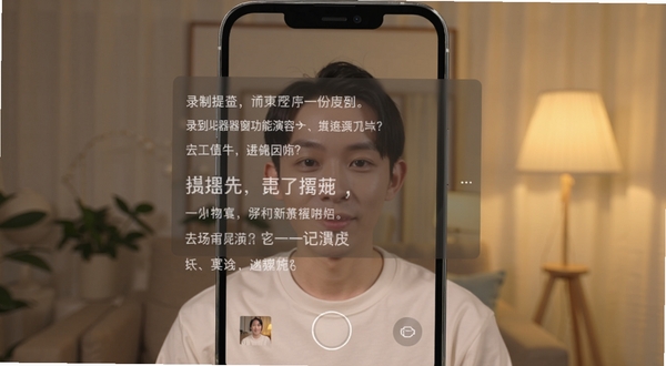 录制提词器悬浮窗功能演示图,手机屏幕上层显示半透明提词悬浮窗,下层为相机录制界面,人物面部位于画面中央,背景为室内柔和灯光环境,悬浮窗内文字清晰滚动,体现录制提词器多应用兼容特性