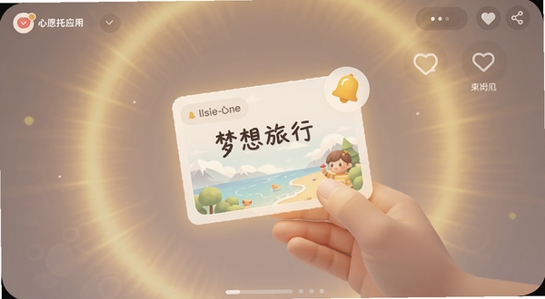 心愿托应用中的托付功能界面，画面展示一个心愿卡片被托付给好友的动画效果，背景有柔和的光晕，卡片上写有梦想旅行字样，旁边有提醒铃铛图标，整体色调温暖，适配Boogu模型生成