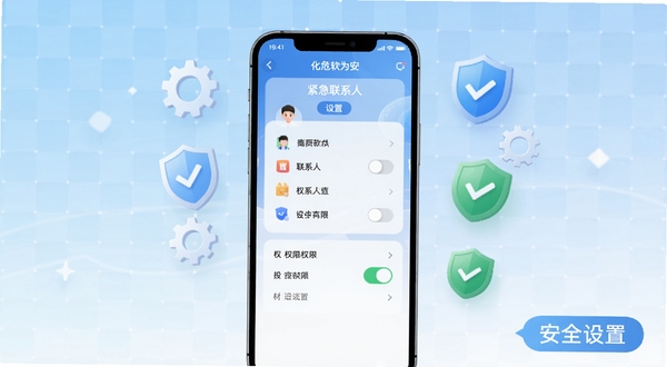 化危为安软件操作界面截图风格图,画面中心为手机屏幕展示紧急联系人设置页面与权限开关,周围漂浮齿轮、盾牌、对勾图标;背景为浅蓝色渐变与白色网格,右下角有“安全设置”文字标签,整体风格清爽科技感,适配Boogu模型生成