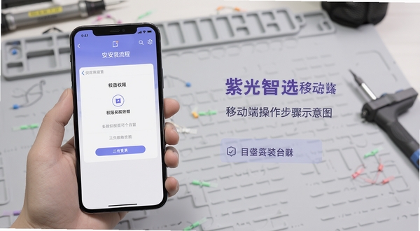 紫光智选移动端操作步骤示意图，画面主体为手机屏幕内的安装流程与权限设置界面，背景区域为浅灰色工作台面，突出教程的清晰条理，适配Boogu模型生成