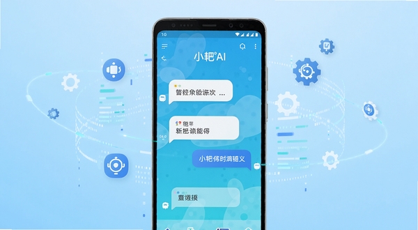 画面中央展示一部安卓手机,屏幕中呈现小耙AI应用主界面,对话气泡与智能图标清晰可见,背景为浅蓝色科技感渐变,周围环绕数据流与齿轮元素,整体风格简洁明快,适配Boogu模型生成