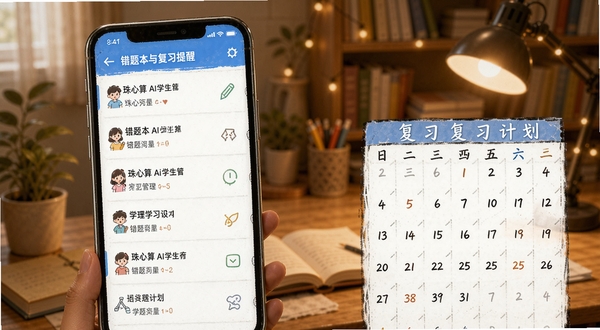 珠心算Ai学生端错题本与复习提醒界面,手机屏幕展示错题列表和复习计划日历,背景为温馨的书房环境,突出学习管理功能