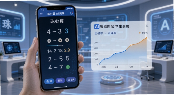 珠心算Ai学生端智能出题界面,手机屏幕显示动态难度调整的珠心算题目,旁边有正确率曲线图,背景为科技感学习空间,突出AI智能匹配功能