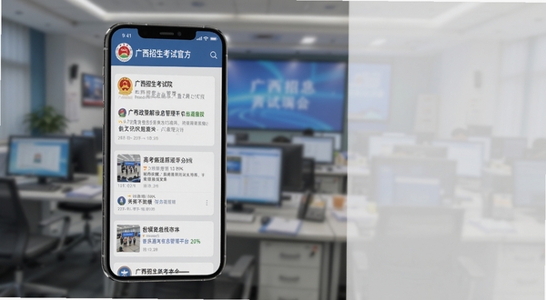广西普通高考信息管理平台资讯推送界面，手机屏幕显示高考政策解读与分数线公布通知列表，包含广西招生考试院官方标识，界面为信息流卡片设计，背景为新闻编辑室场景虚化，画面主体为手机屏幕居中偏左，背景区域为浅灰色调，整体风格专业严谨