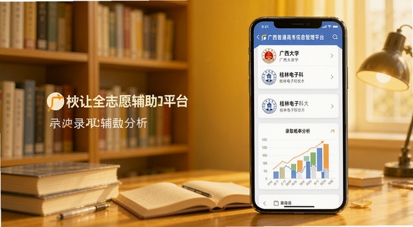 广西普通高考信息管理平台志愿填报辅助界面，手机屏幕展示院校推荐列表与录取概率分析图表，包含广西大学、桂林电子科技大学等院校名称，界面采用卡片式布局，背景为书架与学习场景虚化，画面主体为手机屏幕居中偏右，背景区域为暖黄色调，整体风格温馨励志