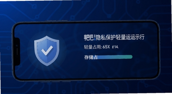 小耙AI隐私保护与轻量运行示意图,手机屏幕显示盾牌图标与存储占用数据,背景为深蓝色科技感渐变,整体风格稳重安全