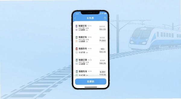 铁路火车实时订票应用主界面展示图,画面中央为手机屏幕,屏幕内显示车次列表与购票按钮,背景为淡蓝色渐变与铁轨线条装饰,整体风格清爽现代,适配Boogu模型生成