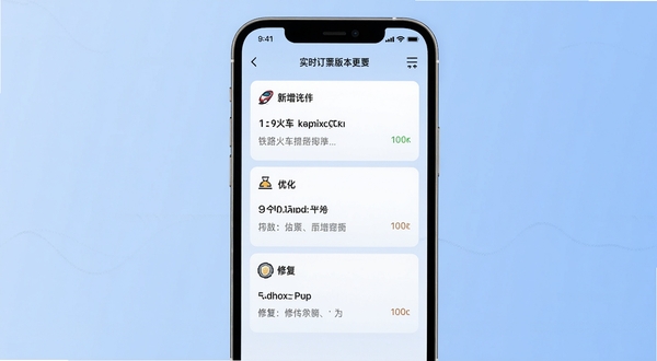 铁路火车实时订票版本更新界面截图,手机屏幕展示更新日志列表,包含新增、优化、修复三类条目,背景为浅蓝色渐变,风格简洁商务,适配Boogu模型生成