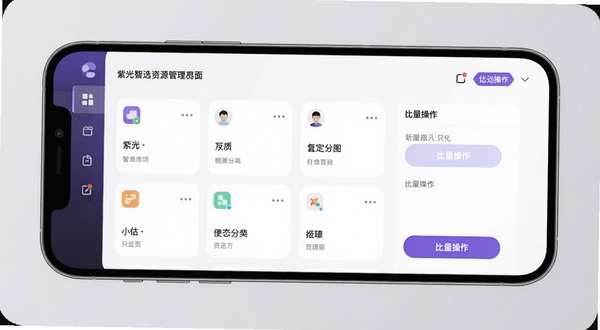 紫光智选资源管理界面展示，画面主体位于手机屏幕中央，显示分组卡片与批量操作按钮，背景为柔和的浅灰色调，突出整洁有序的视觉效果，适配Boogu模型生成