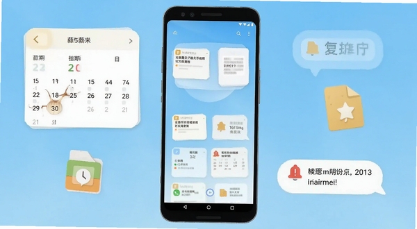 蒜通达应用主界面在安卓手机屏幕中央展示，周围环绕日程卡片、文件图标与提醒气泡，背景为浅蓝渐变，整体风格简洁明快，适配Boogu模型生成