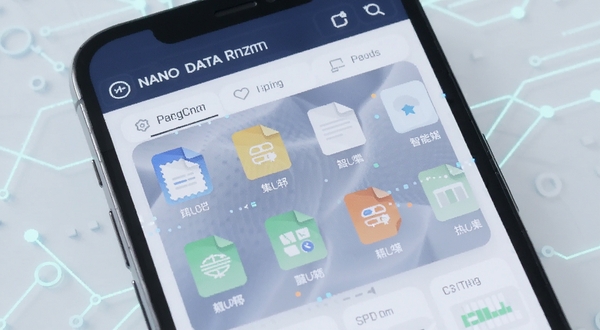 NANO DATA 软件界面展示，手机屏幕中呈现智能数据归类面板，各类文件图标整齐排列，背景为浅色科技风格，画面简洁明亮