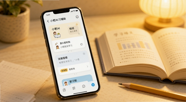 小耙AI学习辅助场景图,手机屏幕显示知识卡片与问答内容,旁边有书本与铅笔元素,背景为暖黄色柔和光线,突出学习氛围