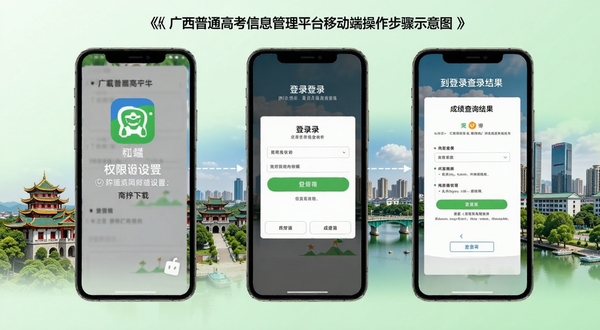 广西普通高考信息管理平台移动端操作步骤示意图，手机屏幕展示从下载安装到登录查询的完整流程，包含应用图标、权限设置、登录界面、成绩查询结果等步骤截图，背景为广西特色建筑与绿城南宁城市风光，画面主体为手机屏幕序列居中，背景区域为浅绿色渐变，整体风格清晰直观