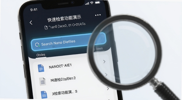 NANO DATA 快速检索功能演示，手机界面中搜索框高亮显示，下方列出匹配的文件列表，背景带有放大镜元素，整体风格清爽现代