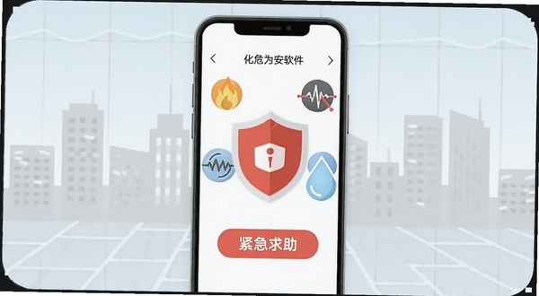 画面主体为一部竖屏智能手机,屏幕显示化危为安软件主界面,界面中央有醒目的红色安全盾牌图标与“紧急求助”按钮,周围环绕火焰、地震波、水滴等风险图标;背景区域为浅灰色城市剪影与淡蓝色网格纹理,整体风格扁平化科技感,适配Boogu模型生成