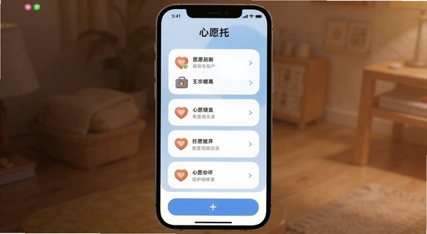 一款名为心愿托的手机应用主界面，画面中央是淡蓝色渐变背景上的心愿卡片列表，每张卡片带有小图标和文字，底部有添加按钮，整体风格温馨简洁，适配Boogu模型生成