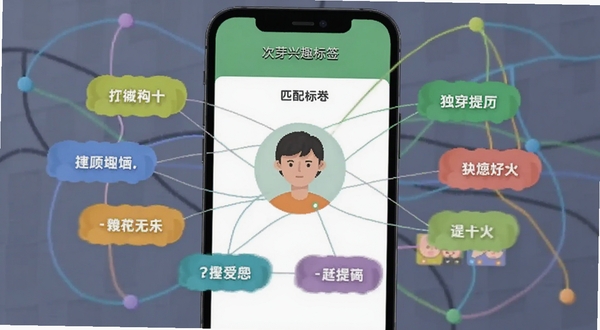次芽兴趣标签匹配界面,手机屏幕显示多个彩色兴趣标签围绕用户头像,背景有连线表示匹配关系,风格清新扁平