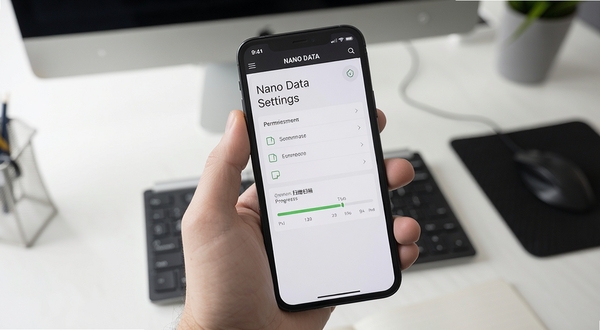 NANO DATA 移动端操作界面截图，展示权限设置页面与数据扫描进度条，手机握持视角，背景为办公桌面，风格写实