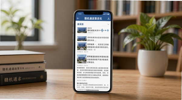 赣机通政策资讯页面展示，手机屏幕呈现新闻列表和文章详情，背景为书房环境，有书籍和绿植，营造专业可靠的信息阅读氛围