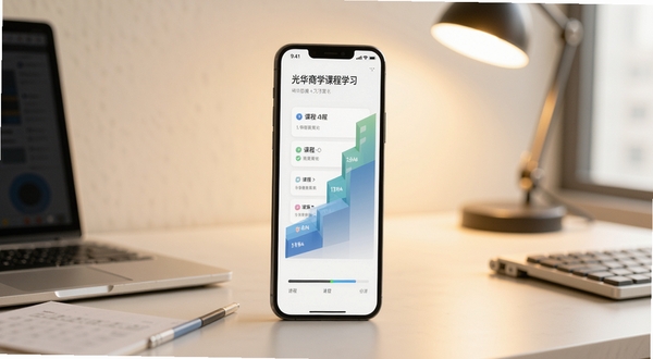 光华商学课程学习界面展示，手机屏幕中呈现阶梯式课程列表与进度条，背景为简约办公桌面，柔和暖光，画面干净清晰