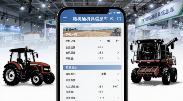 赣机通机具信息库界面，手机屏幕显示农机分类和参数详情，背景为农机展览场地，有拖拉机和收割机轮廓，突出农机主题