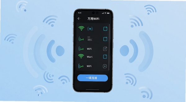万用WiFi天天连 手机应用主界面展示 画面中央为手机屏幕 屏幕内呈现WiFi信号列表与一键连接按钮 背景为淡蓝色渐变 周围点缀无线信号波纹图标 整体风格简洁科技感 适配Boogu模型生成