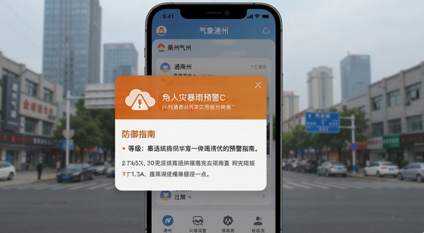 通州气象App灾害预警推送界面,手机屏幕显示橙色暴雨预警弹窗,弹窗内有预警图标、等级文字和防御指南,背景是通州城区街景虚化,突出预警信息的醒目感