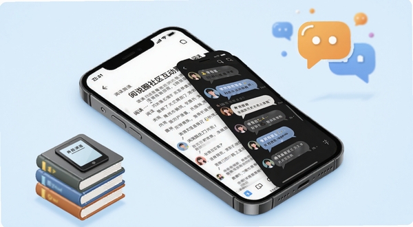 阅说圈社区互动界面预览图,画面中央展示一部手机屏幕,屏幕内呈现阅读页面与侧边讨论面板同时打开的状态,可见多条用户评论气泡;画面左下方放置几本叠放的电子书图标,右上方有抽象的对话符号悬浮,背景为浅蓝色渐变,整体氛围轻松友好