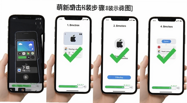 萌新出击安装步骤示意图，画面以手机屏幕截图形式展示从下载到安装完成的四个连续步骤，每个步骤配有绿色对勾标记，背景为白色，底部有进度条装饰，整体风格简洁明了，突出操作流程，高清细节