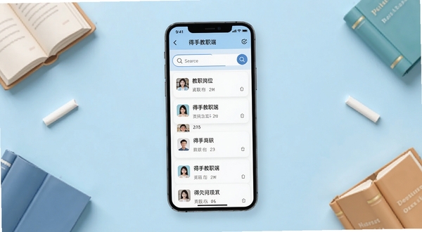 得手教职端 软件主界面全貌展示，画面中央为手机屏幕，屏幕内呈现教职岗位列表与搜索栏，背景区域为淡蓝色渐变，四周点缀书本与粉笔元素，整体风格清新简洁，适配Boogu模型生成