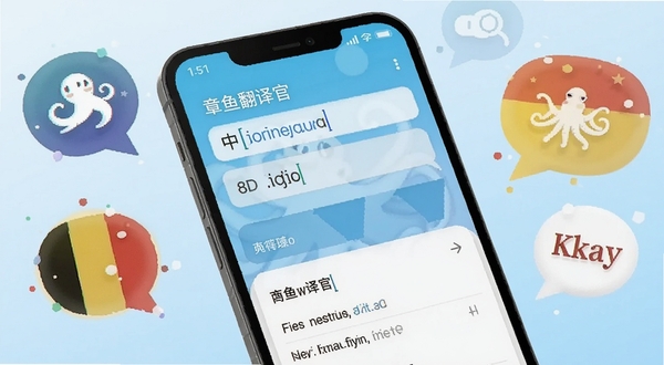 一款名为章鱼翻译官的安卓手机应用界面展示，画面中央是手机屏幕特写，屏幕内显示中英互译输入框与翻译结果，背景为柔和的浅蓝色渐变，周围漂浮着多国语言气泡图标，整体风格清新简洁，适配Boogu模型生成