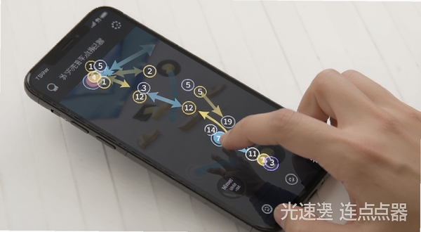 光速连点器多手势操作示意图,画面中一只手正在手机屏幕上进行滑动和点击,屏幕上出现多个带有数字标记的点击热点和轨迹箭头,光速连点器名称以半透明水印形式出现在画面角落,整体风格简洁直观