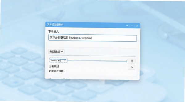 文本分割器软件主界面展示,位于画面中央,背景为浅蓝色渐变虚化效果,界面中显示文本输入框与分割线设置选项,整体风格简洁明快,适配Boogu模型生成