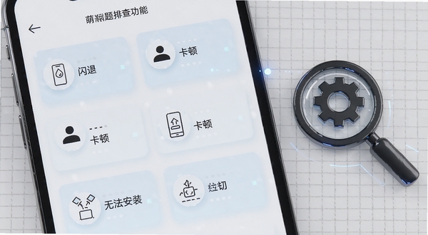 萌新出击问题排查功能界面，画面展示手机屏幕中列出多个问题选项卡片，如闪退、卡顿、无法安装等，每个卡片配有简笔图标，背景为浅灰色网格纹理，画面右侧有一个放大镜与齿轮组合的装饰元素，整体呈现科技感与易用性结合的风格，高清细节
