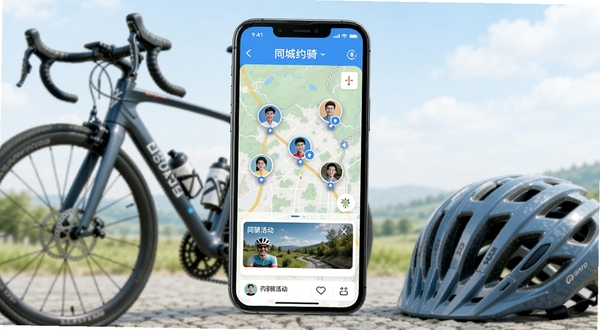 骑友APP内同城约骑功能界面,画面展示地图上多个骑友头像聚集点与约骑活动卡片,手机屏幕外有公路车和头盔作为点缀,风格写实明亮,体现骑友社区活跃氛围