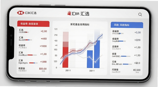 汇丰汇选应用内的基金筛选页面，画面中央是一张基金对比图表，左右两侧分别列出不同基金的收益率与风险指标，背景为浅灰色渐变，图表线条清晰，色彩以红蓝对比为主，突出数据可视化效果，手机界面边缘有轻微的立体阴影