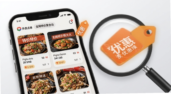 外卖点单特价全网特价聚合功能界面,手机屏幕显示多个外卖商家特价卡片列表,背景为浅灰色渐变,画面中有放大镜与优惠标签元素,体现信息聚合与智能匹配特点