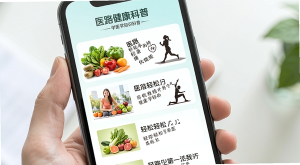 医路轻松医学知识科普页面,手机屏幕内展示图文并茂的健康科普文章列表,配图包括蔬菜水果与运动人物剪影,背景为清爽的浅色渐变,整体风格明亮健康,突出知识传播的轻松感