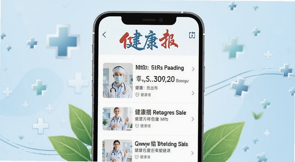 健康报应用主界面展示,画面中央为手机屏幕呈现健康报APP的资讯列表页,顶部有醒目的健康报标志,背景为浅蓝渐变色调,周围点缀医疗十字与绿叶元素,整体风格清新专业,适配Boogu模型生成